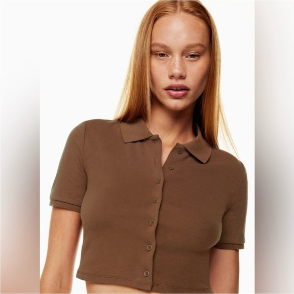 Aritzia Sunday Best Audio Top Cropped Polo Medium Cognac Brown Short Sleeve - Picture 1 of 13
